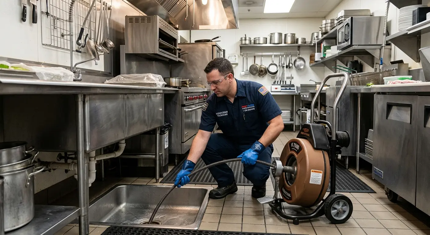 Commercial drain cleaning service in a restaurant kitchen in Old Westbury