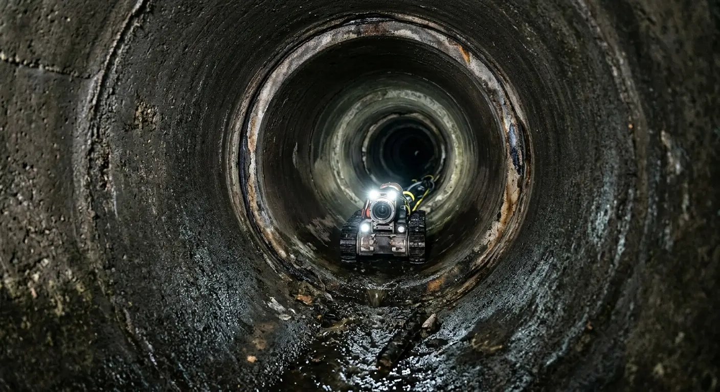 Robotic sewer camera inspecting pipe interior for Sewer Line Cleaning in Old Westbury