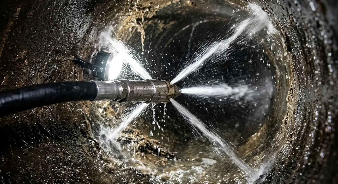 High-pressure hydro jetting nozzle cleaning sewer pipe for Emergency Drain Service in Old Westbury