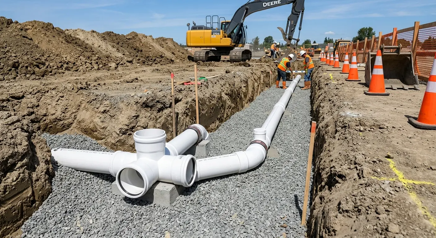 New PVC sewer pipe installation in open trench for Commercial Drain Cleaning in Old Westbury
