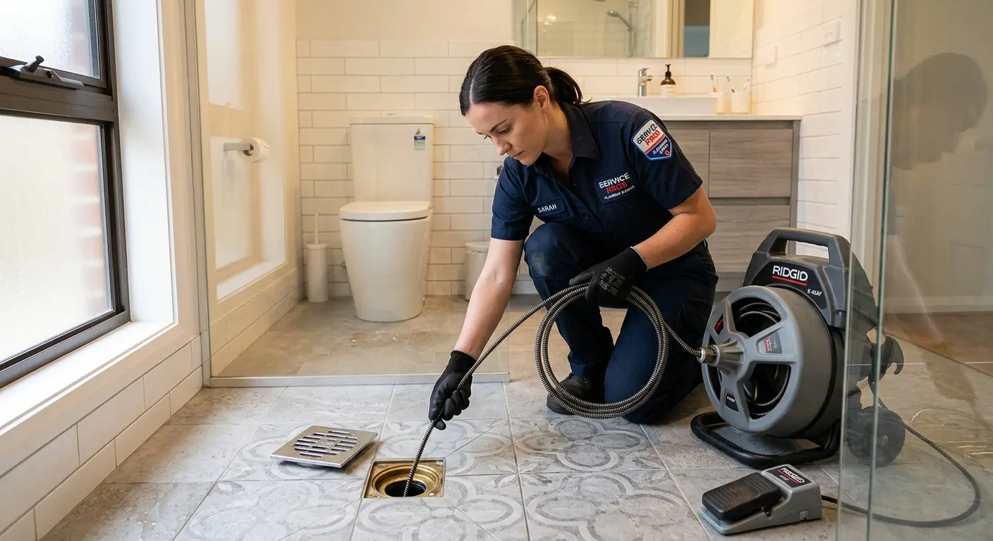 Technician clearing a bathroom floor drain for Clogged Drain Repair in Old Westbury